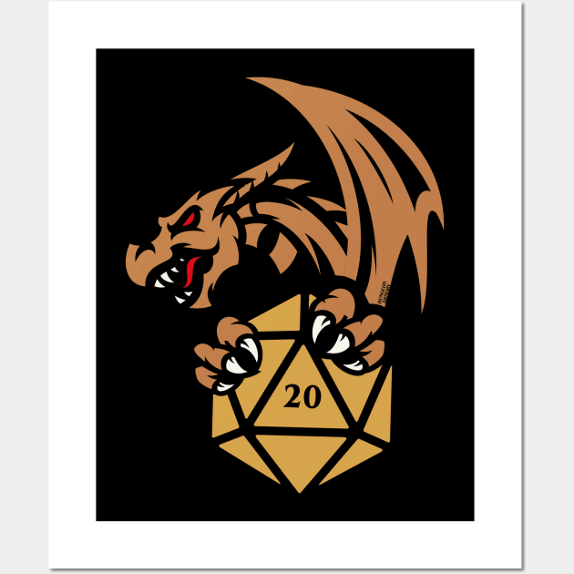 Bronze Dragon with D20 Dice Tabletop RPG Gaming Wall Art by pixeptional